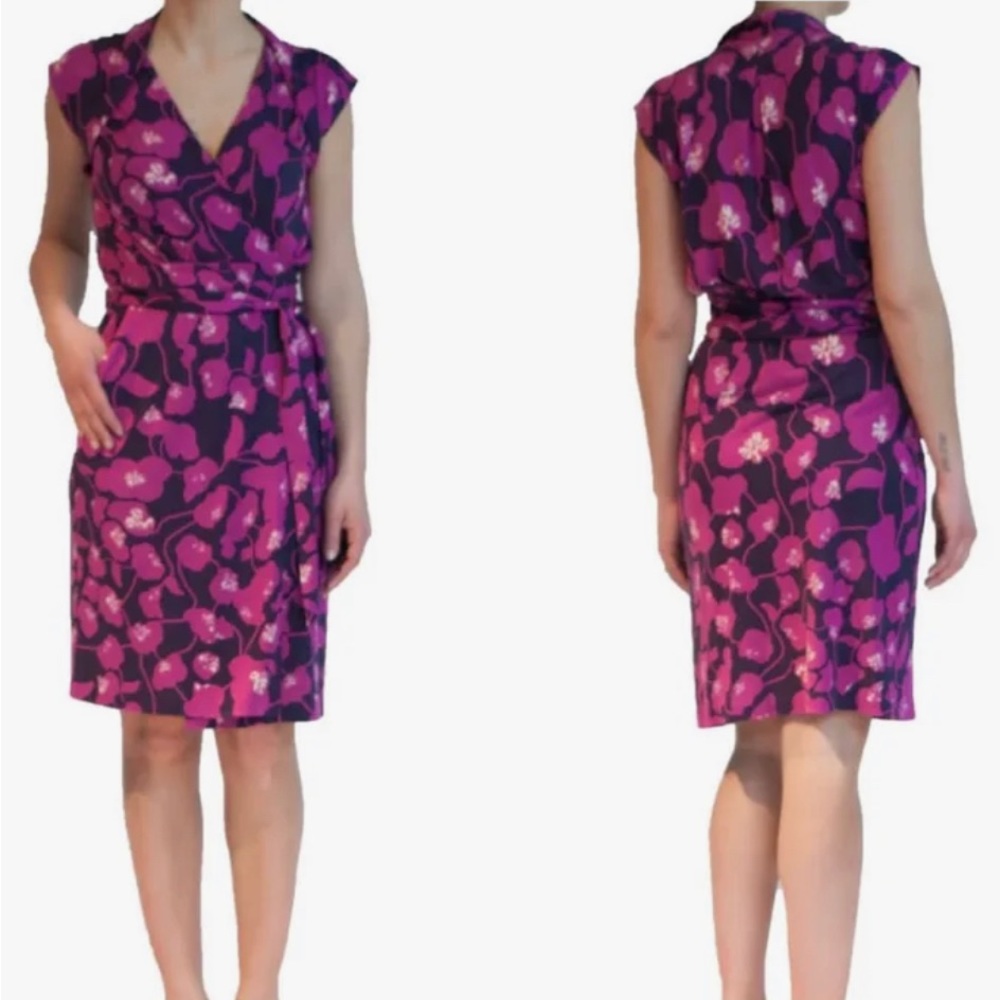100% SILK DVF Diane von Furstenberg Riddle purple pink floral print wrap dress 4
